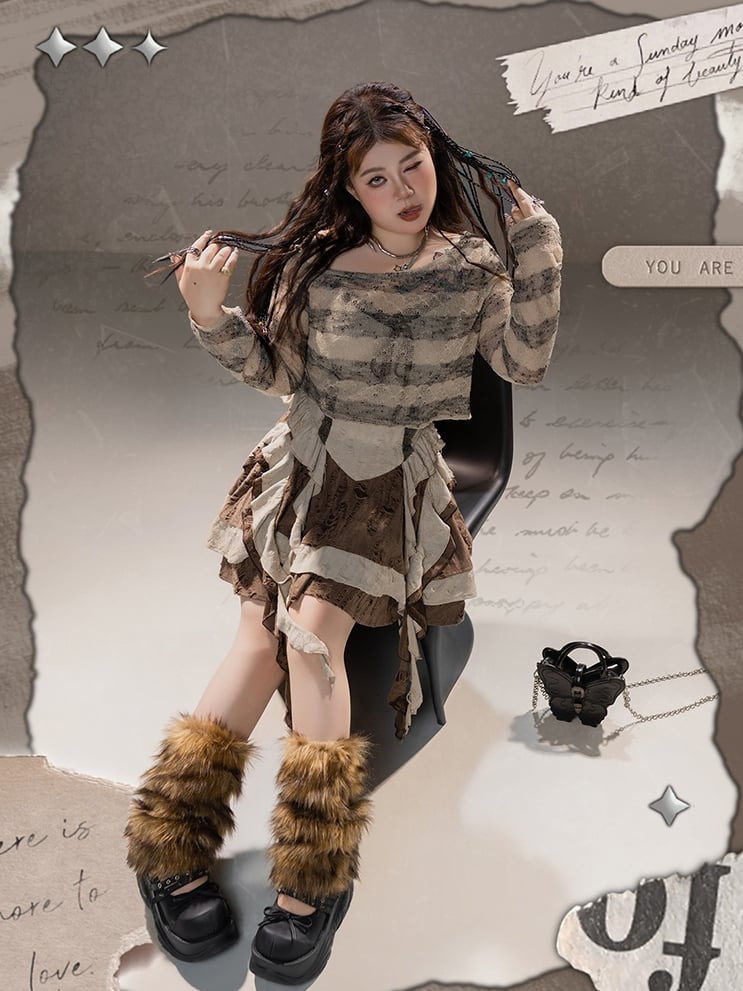 Plus Size Basque Waist Cascading Ruffles Distressed Wasteland Punk Brown Holes Cami Dress
