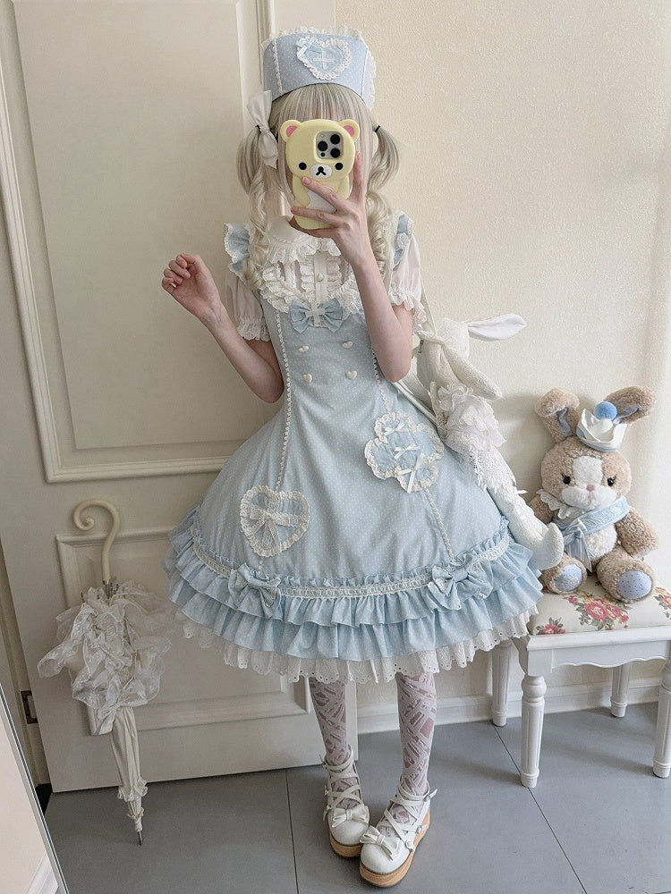Layered Pattern Ruffle Nurse Hemline Blue Dress Polka-dot Lolita