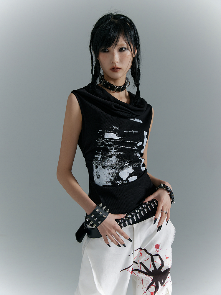 With White Print Black Knit Hooded Tank Top Letter