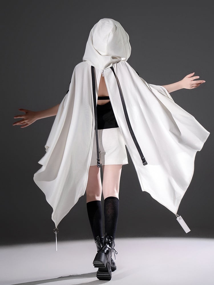 Cape Ouji and Cyberpunk High-low with White Lolita Hem Futuristic Buckle Straps Hooded
