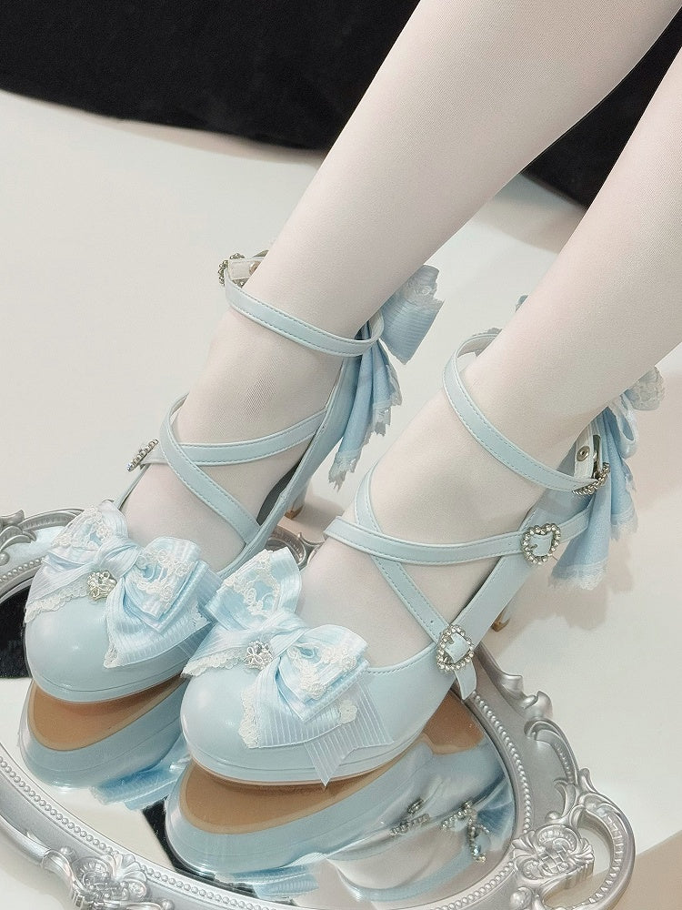 High Buckle Blue Design Heels Heart Crisscross Top Light at Bow