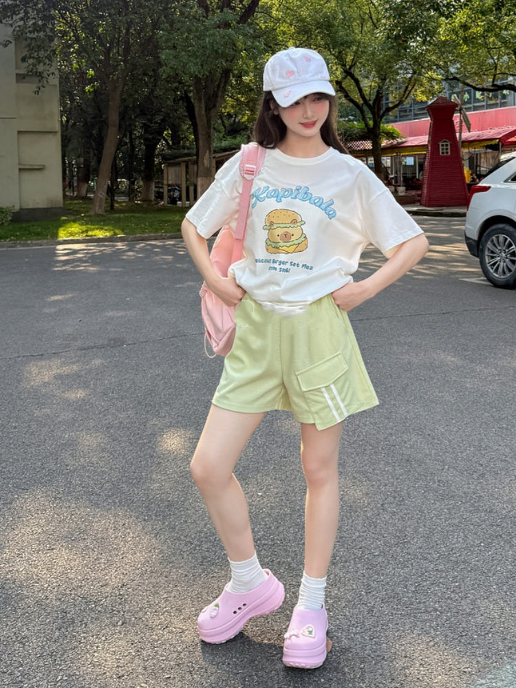 Shorts Green Drawstring Waist Casual Sports
