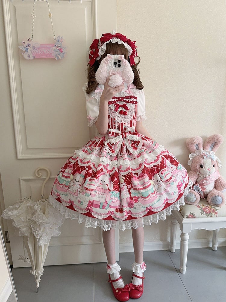 Red Bunny Lolita Jumper Cherry Skirt Print and Dress Sweet