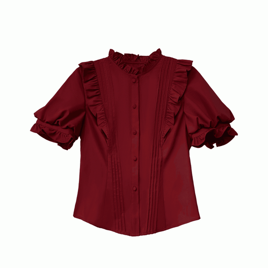 Weinrote Bluse mit Rüschenausschnitt, Puffärmeln und Faltendetails