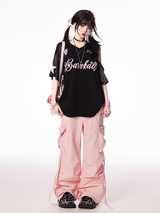 Pink Low Waist Cargo Pockets Wide-leg Pants
