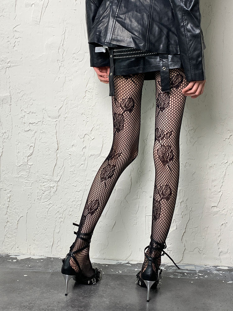 Punk Schwarz Rot Y2K Rosenmuster Hohlstrumpfhose