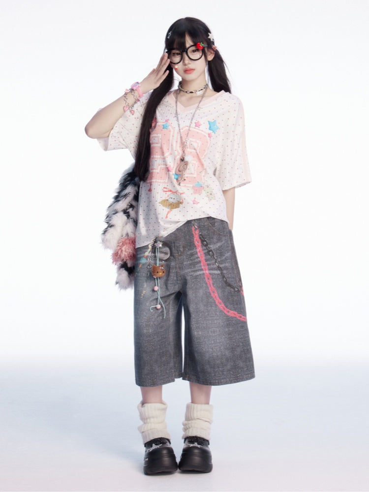 Weite Jeans mit Taillenketten-Print und verblasster Waschung in Grau