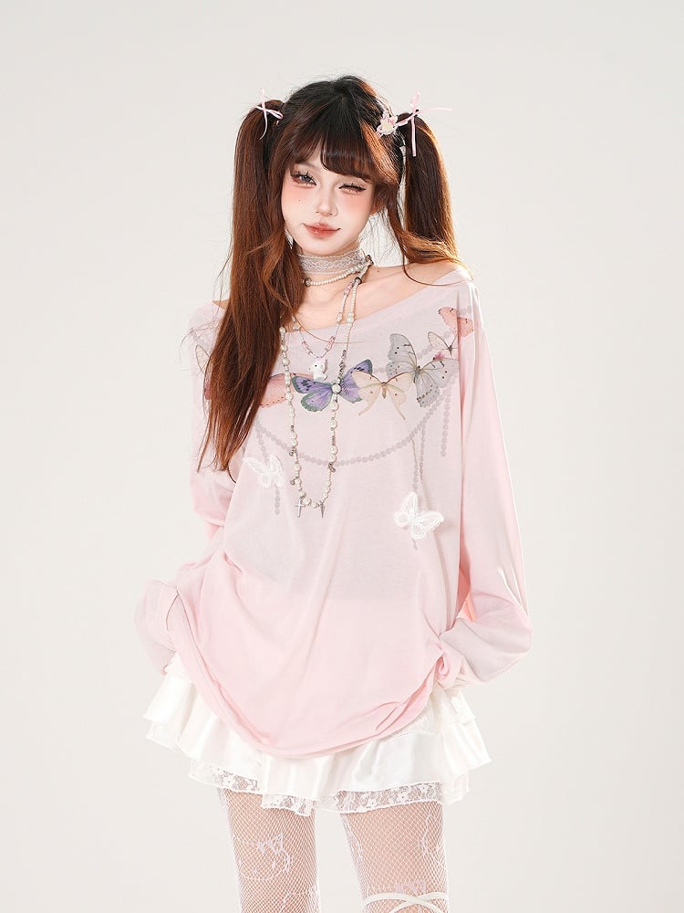 Back Cutout White/Pink Asymmetrical Detail Butterfly-shaped