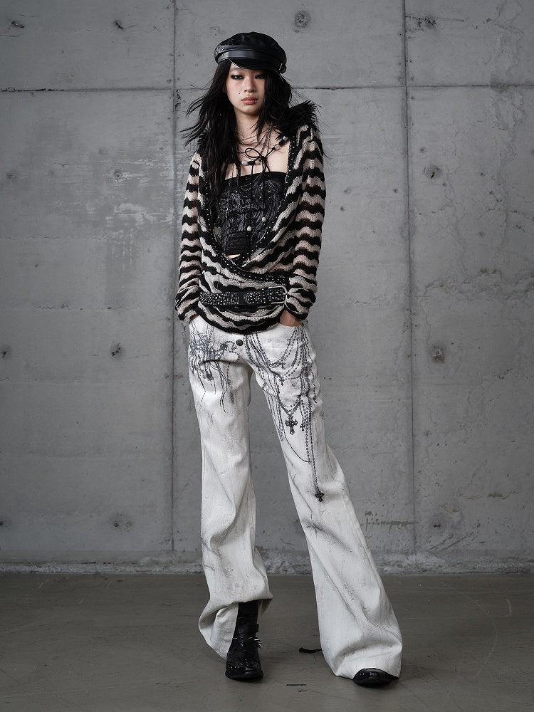 with Chain Studs Print Punk Cross Pants Button-Up Wide-Leg Fly White