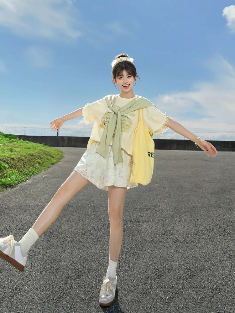 Drawstring Waist Wide-leg Shorts Adorable Bunny Print Green