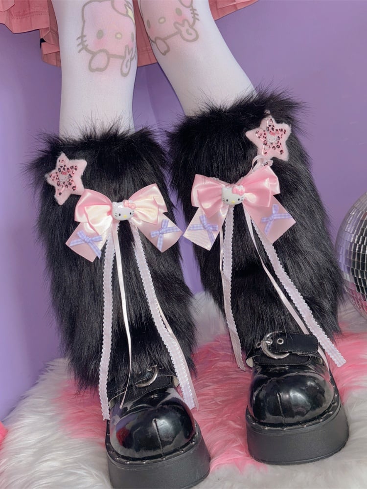 Pink/Black Y2K Star and Kitty Bowknot Shaggy Leg Warmers