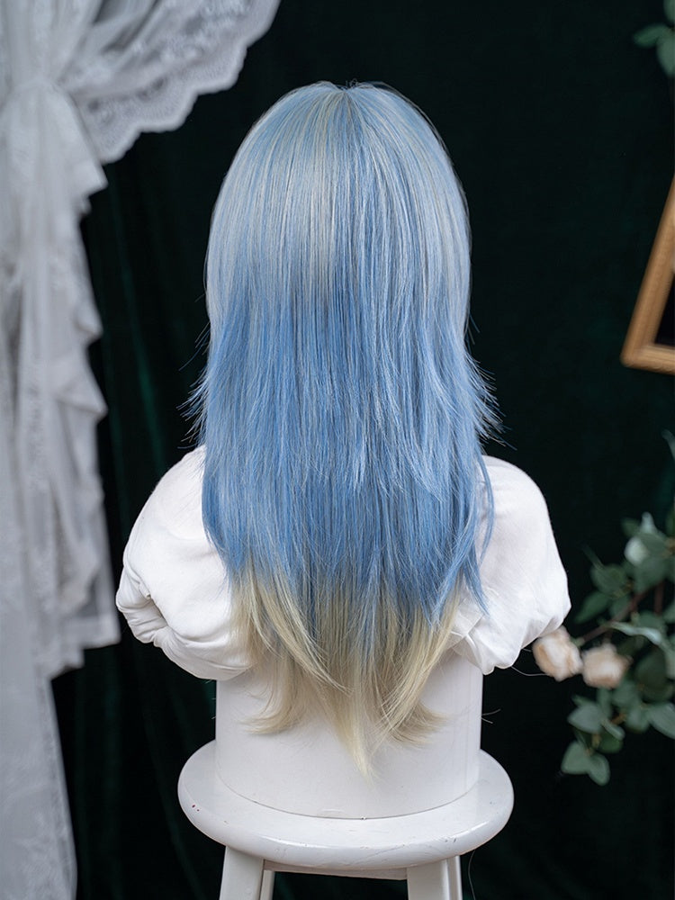 Straight Ombre 65CM Hime Color With Hair Air Cut Blue Bangs Length Wig