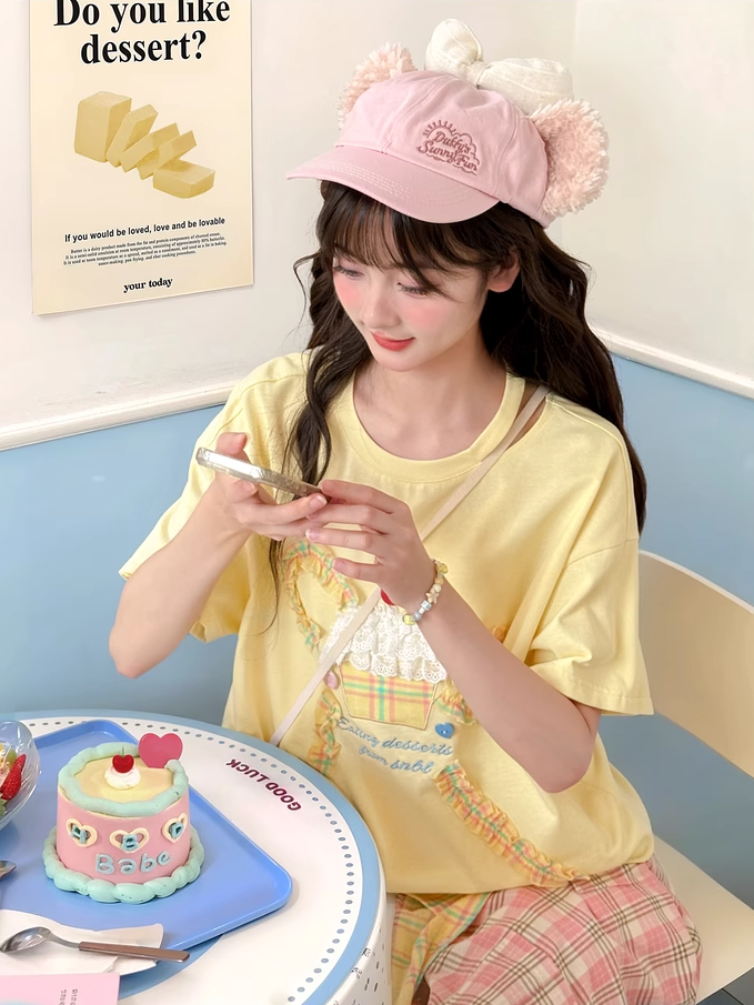 Bowknot Tiered Ruffled Big Cake Yellow Cotton T-shirt Design Lace