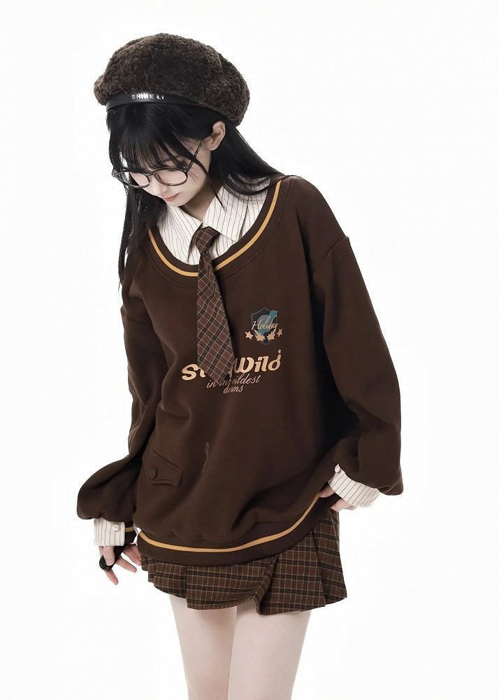 Coffee&White Striped Shirt Collar Fake Two-pieces Sweat Shirt with a Tie