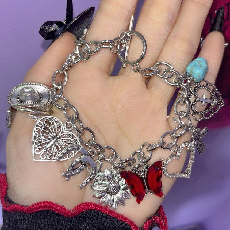 Bracelet Y2K Silver/Red And Butterfly Cross Heart Charm
