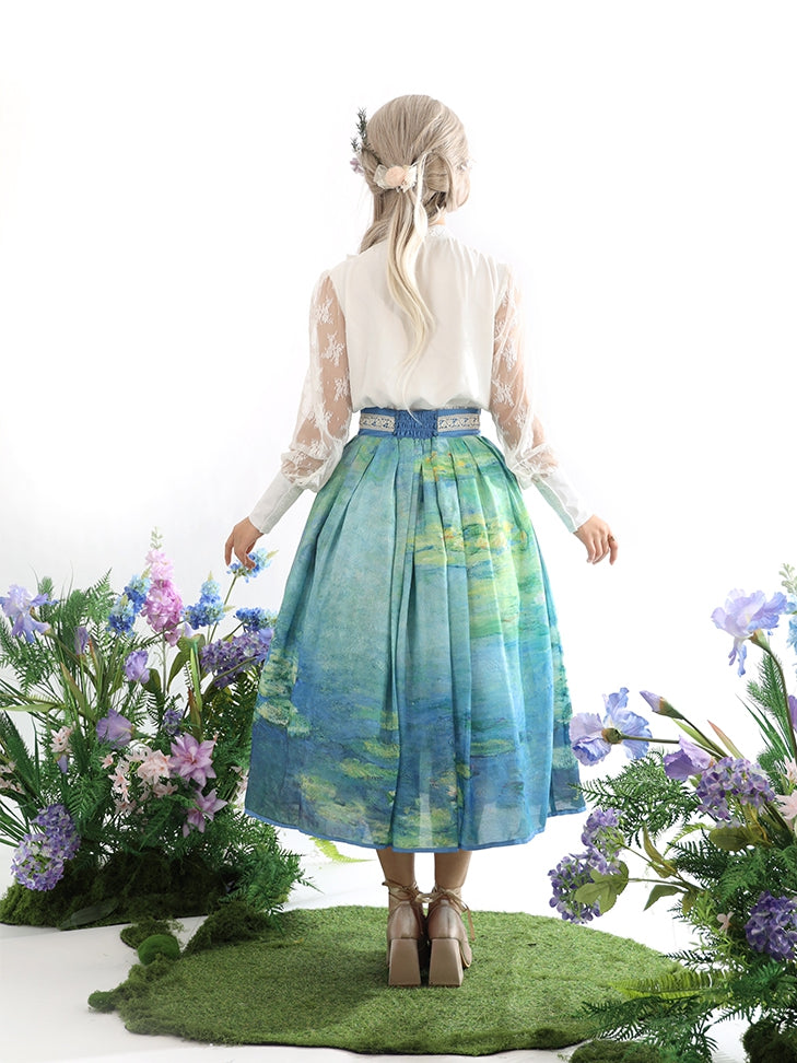 Lily Oil Painting Print Blue Green High Long/Short and Water Waist Skirt Version
