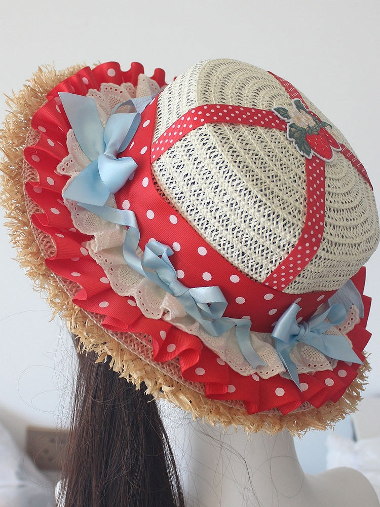Applique Strawberry Red Details Straw Ruffles Hat Trim Bowknot