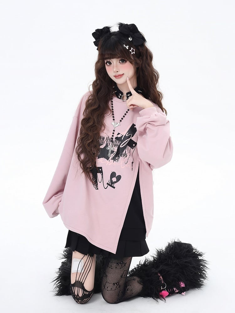 Pink/Black Cross Side-Slit Sweatshirt with Big Bow at Back