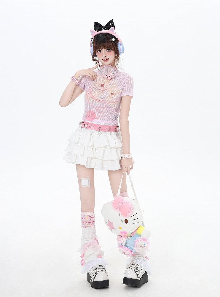 Cropped Beige/Light Pink Yume T-Shirt Adorable Animal Print Semi-sheer Kawaii