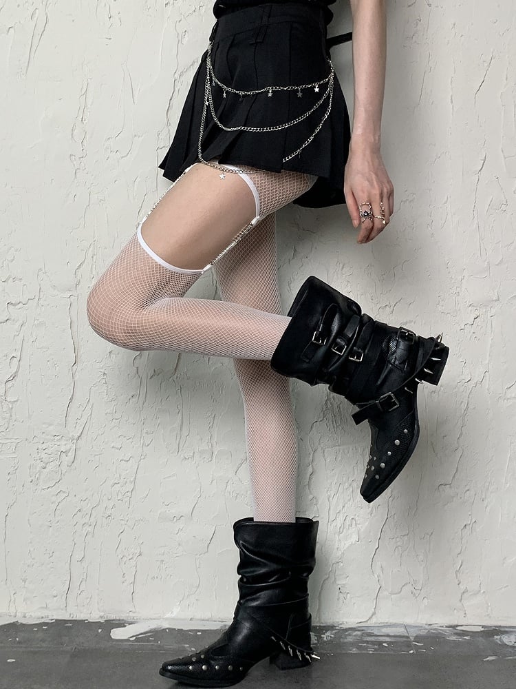 Cut-out Suspender Leg Tights White/Black Chain Design Fishnet With Y2K