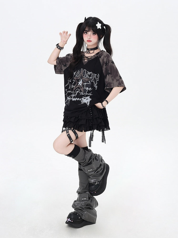 Design Lace-up V-Neck Star T-Shirt Loose Black Colorblock Print