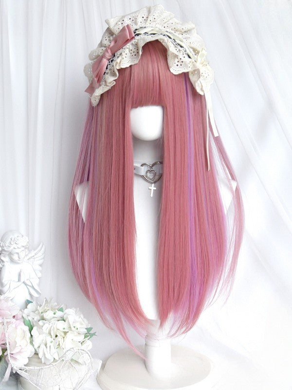 Straight Highlight And 60CM Pink Purple With Wig Full Bangs Length