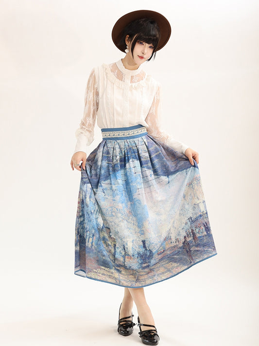 バージョンウエストスカートショートサンラザール油絵プリントブルーハイガール