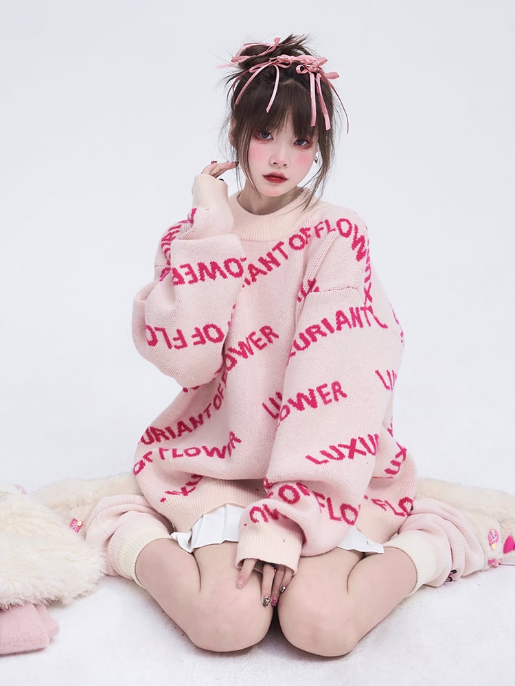 Pullover Vibrant Knit Crewneck Pink with Lettering Sweater