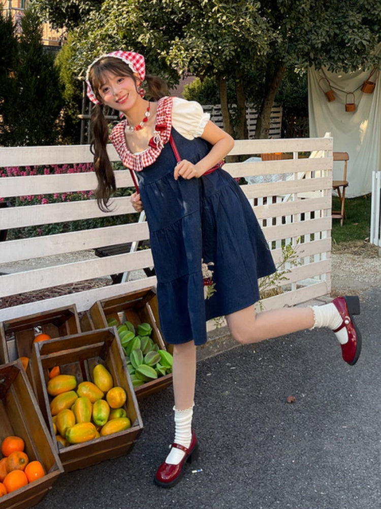 Bunny and Mushroom Embroidery Red Navy Blue Sleeveless Dress Neckline Plaid