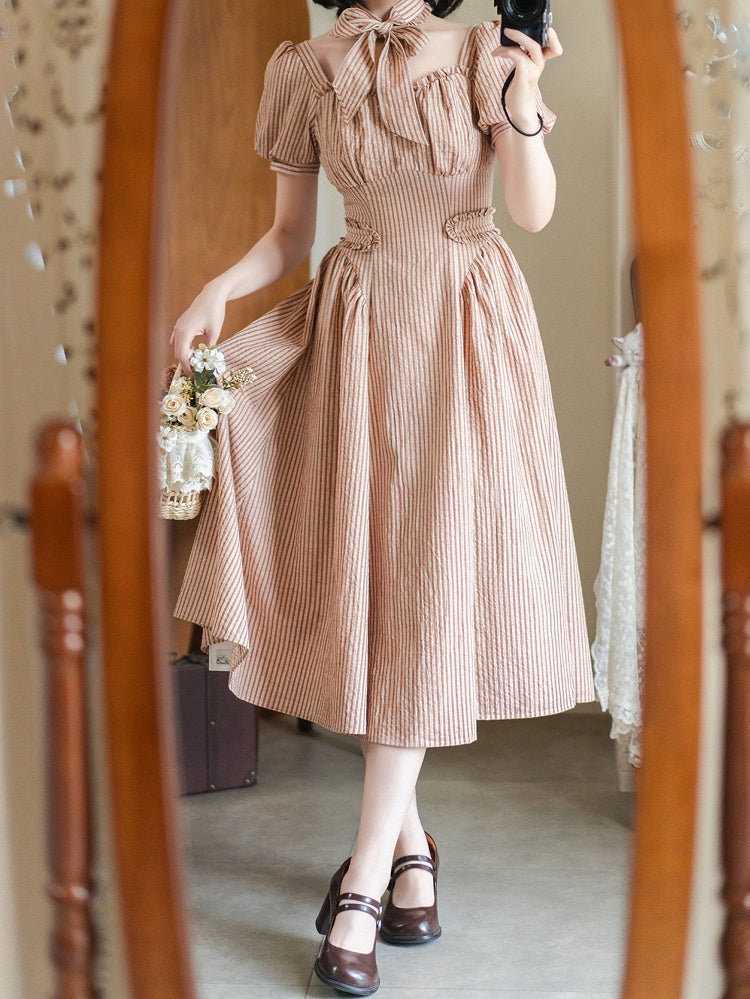 Fabric Puff Square Sleeves Orange Vintage Retro Striped Neckline Dress Fashion