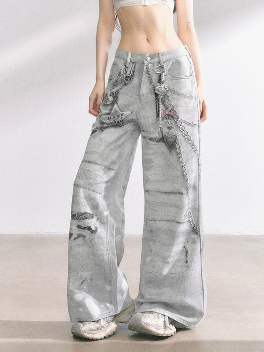 Light Gray Low Rise Chain Print Distressed Wide-leg Jeans