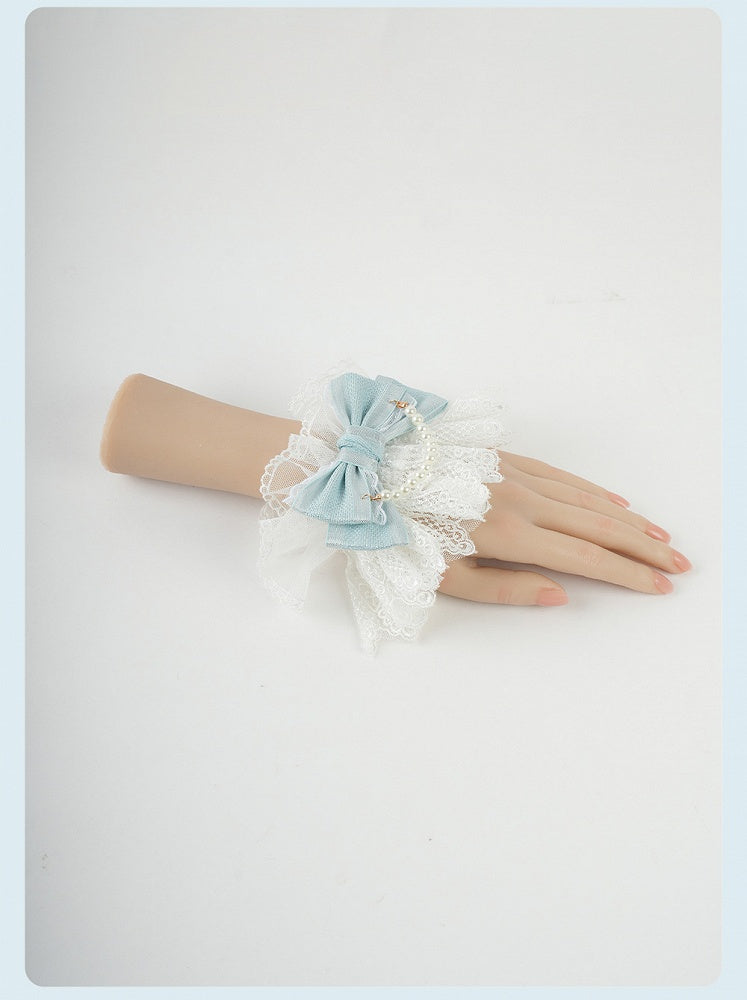 Blue Big BowRuffled Lace Trim Wrist Cuffs with Beaded Chain