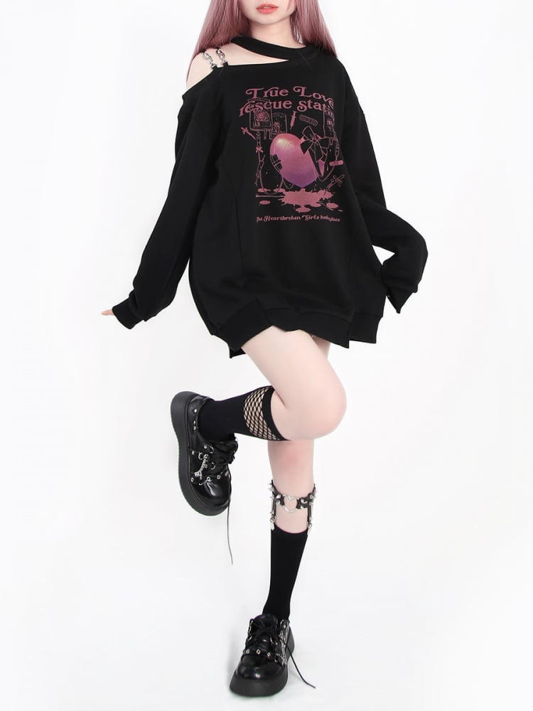 ブラックのカットアウトショルダーハート&リボンプリントトップス