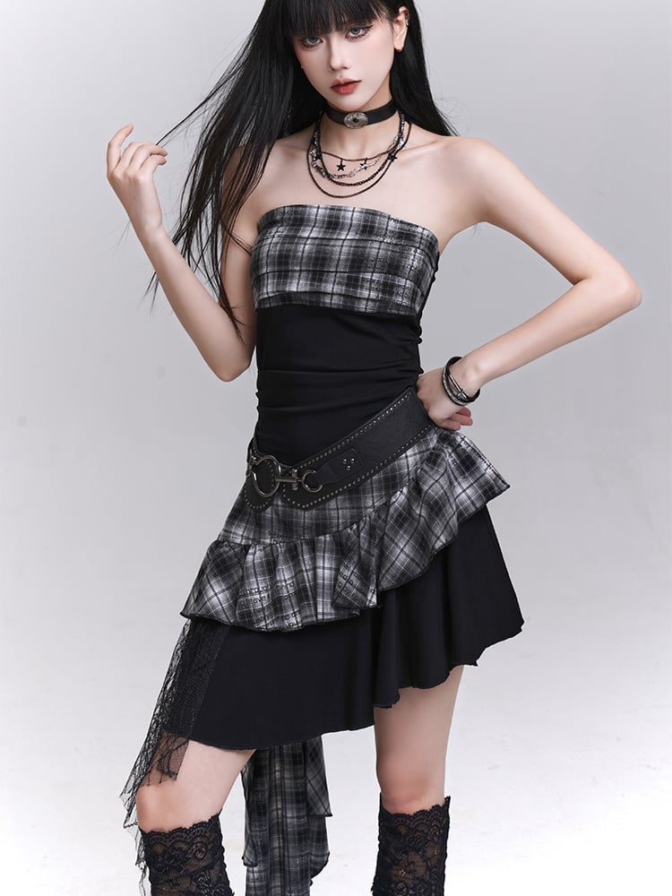 Strapless Dress Skirt Black White Plaid Asymmetrical Hem Tiered
