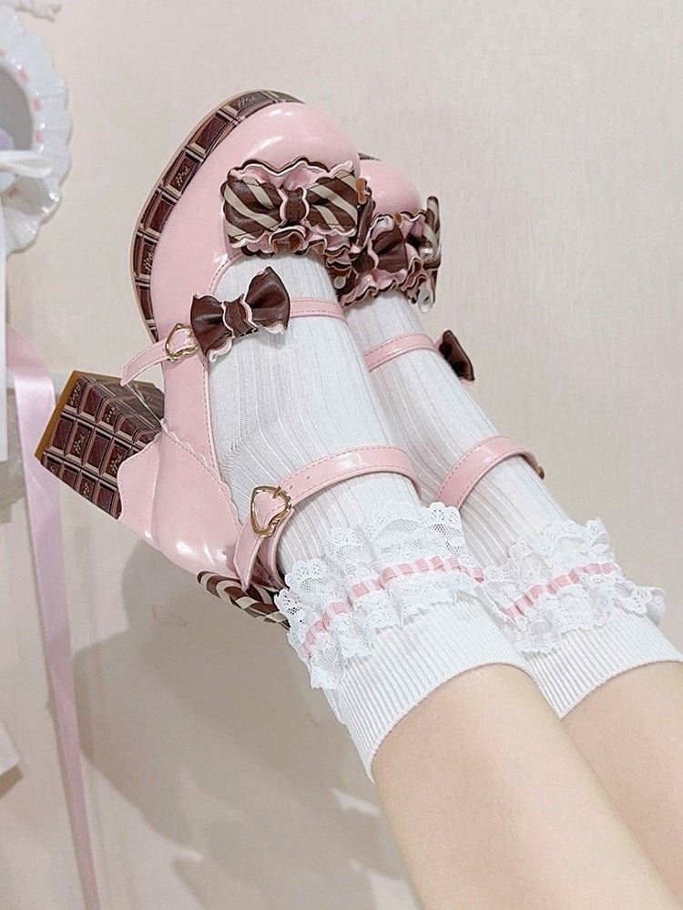 Heels PinkBrown High Striped Bowknot Chocolate Buckle Platform Mary Heart Block Janes Details