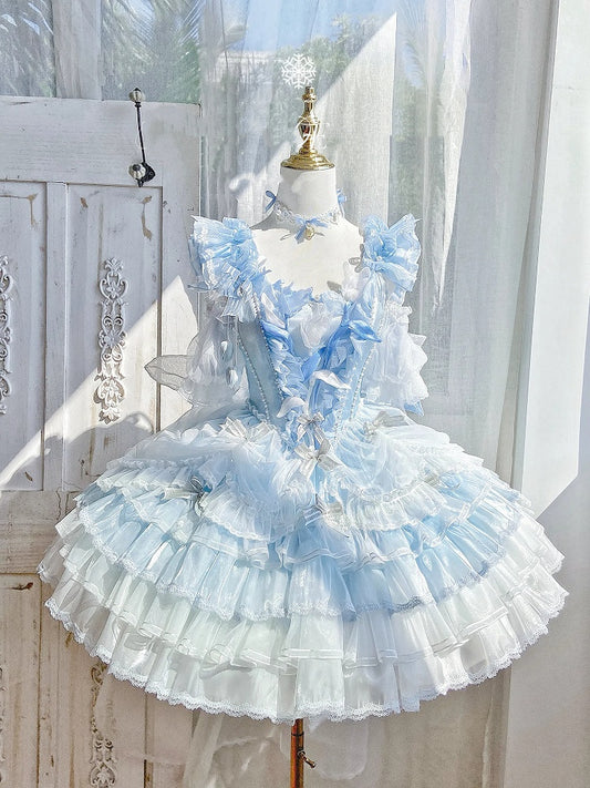 Mehrlagiges Balletcore-Thema, blaues Prinzessinnen-Lolita-Kleid, Rock, Tulpe