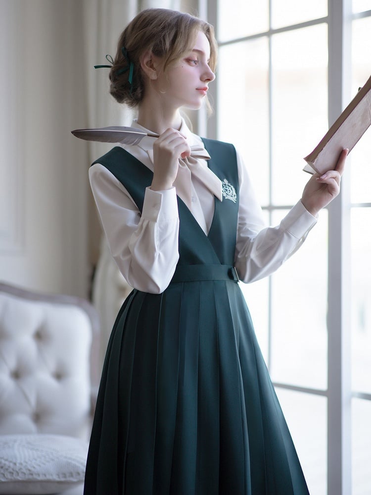 Green Belt with Embroidery 65 Preppy Overalls Box Pleat Skirt / and 70cm Dark