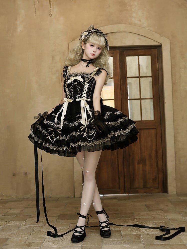 Bead Black Princess Decorated Dress Bows Lolita Tiered Skirt Chain