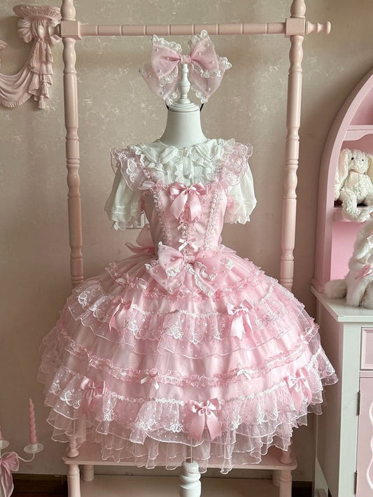 Schleife Lolita Prinzessin Lagenrock Hanayome JSK Kleid Rosa Akzente Tüll