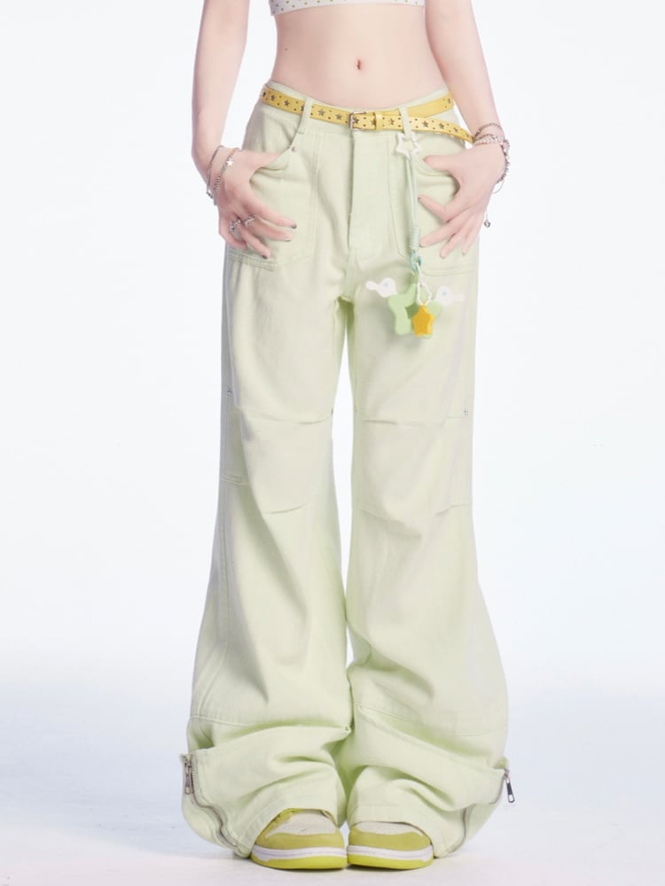 Pants Light Green Low Waist Zip Cuffs Wide-leg Cargo