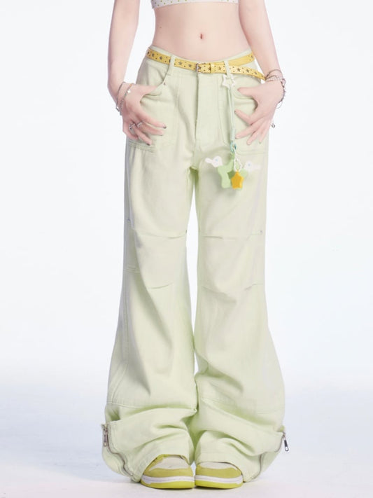 Pants Light Green Low Waist Zip Cuffs Wide-leg Cargo