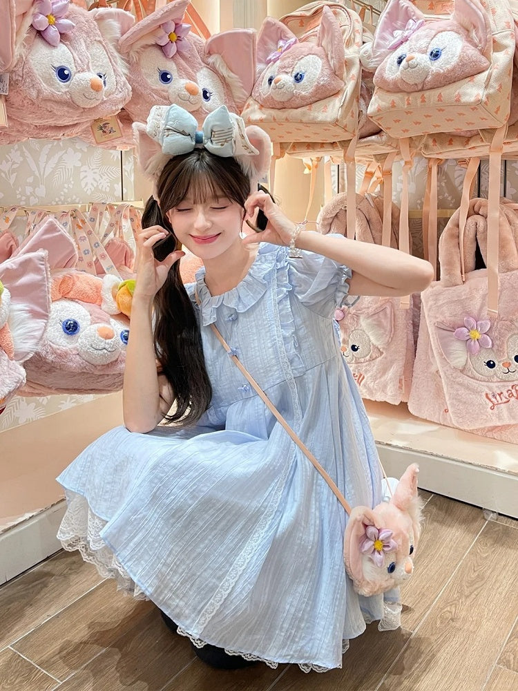 Dress Light Blue Ruffle Collar Puff Sleeves Sweet