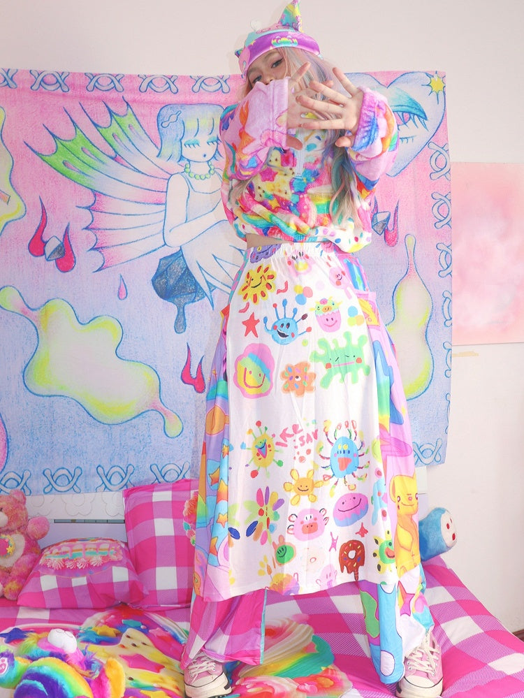 Bunter A-Linien-Rock mit Cartoon-Print und elastischer Taille im Y2K-Stil
