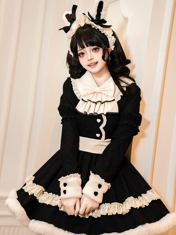 Schwarzes, langärmliges Plüsch-Kragen und Manschetten, süßes Lolita-OP-Komplettset