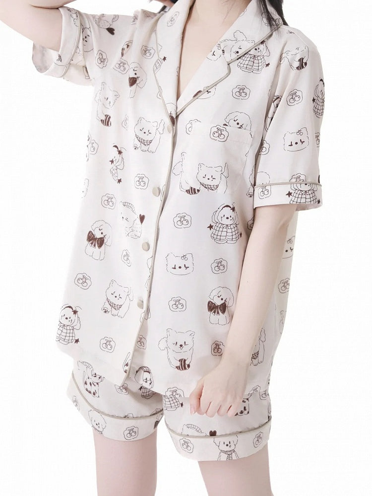 Puppy Print Pajamas Set Blue/Creamy Allover Cute Yellow Light
