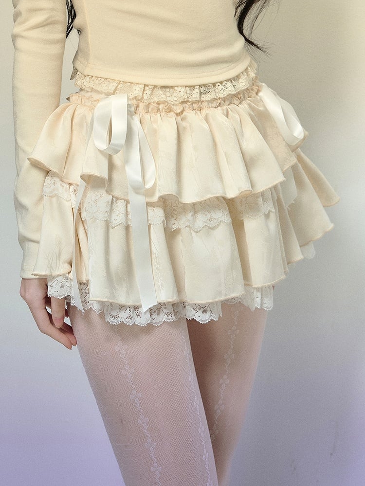 Apricot Bow Accents Lace Trim Tiered Mini Skirt