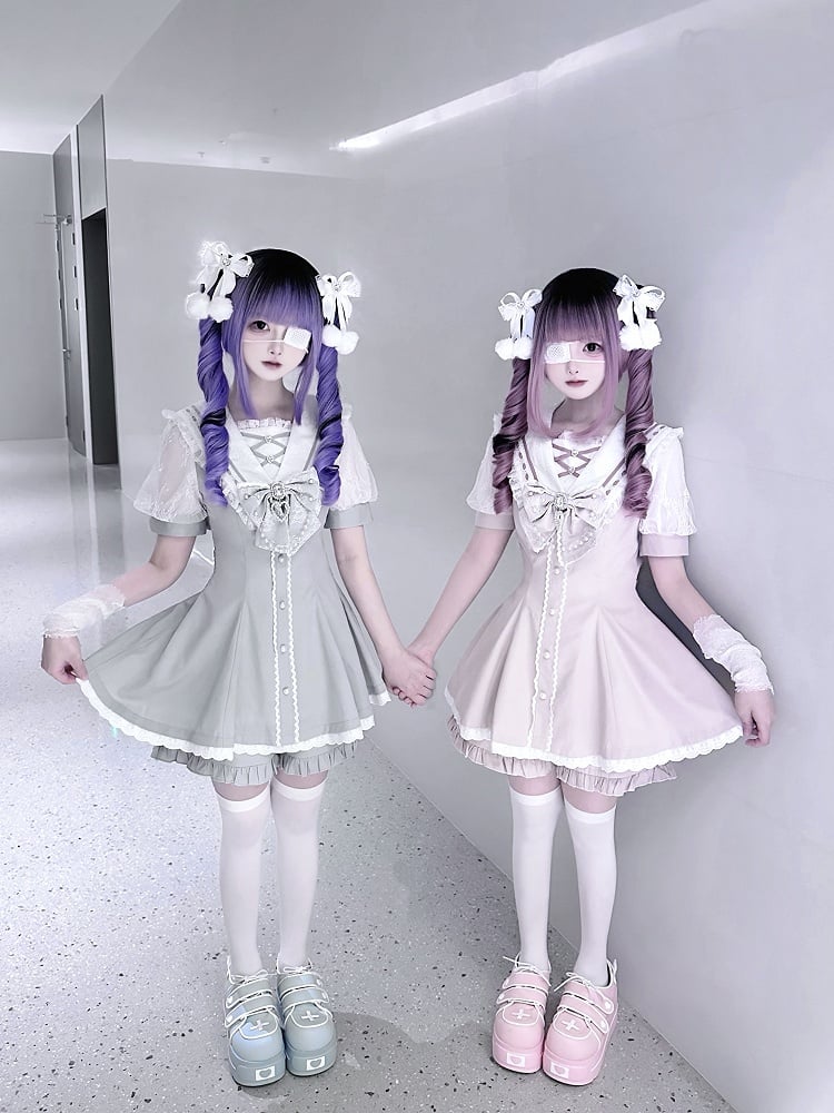 Set Pink/Light Blue Bow Shorts Back Sailor Collar Self-tie Mini Dress + Ruffled Light Hem Jirai Kei