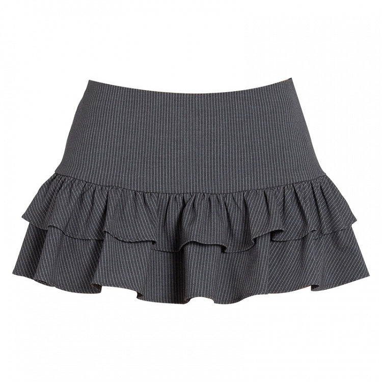 ダークグレーのストライプ柄、ローウエスト、ティアードフリル、グラマラスミニスカート