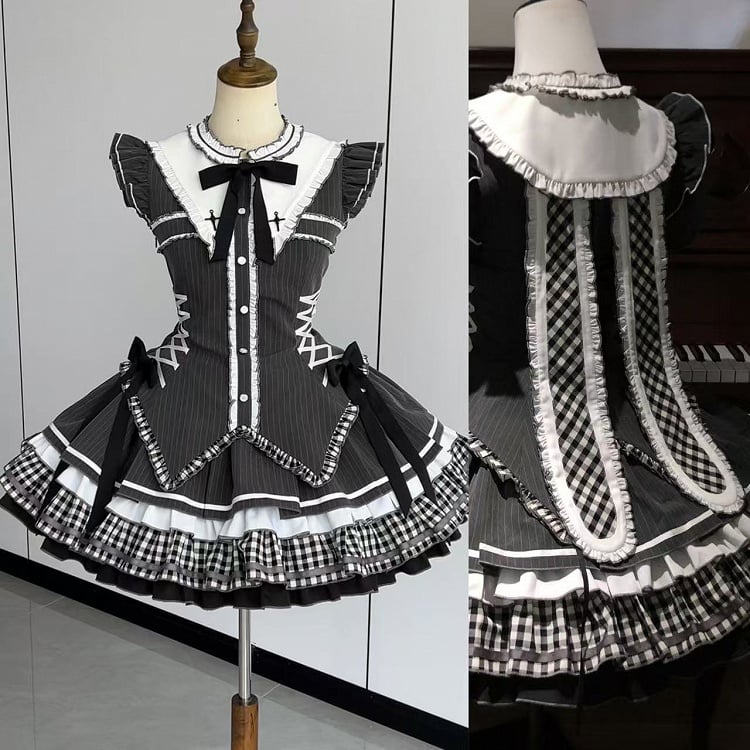 Gothic Lolita Sleeves Striped Flutter Ears Dark Gray Collar Dress at Bunny with Back
