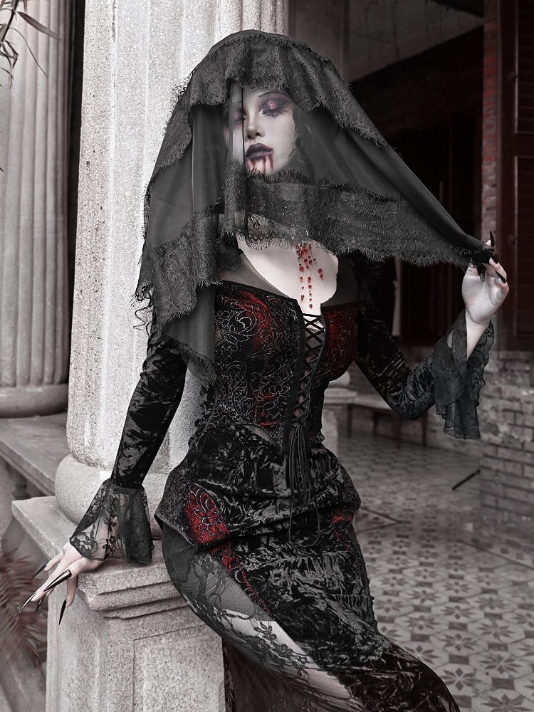 Wings Romantic Velvet and Shaped Lace Neckline Bat Vampire Dress Goth Mermaid